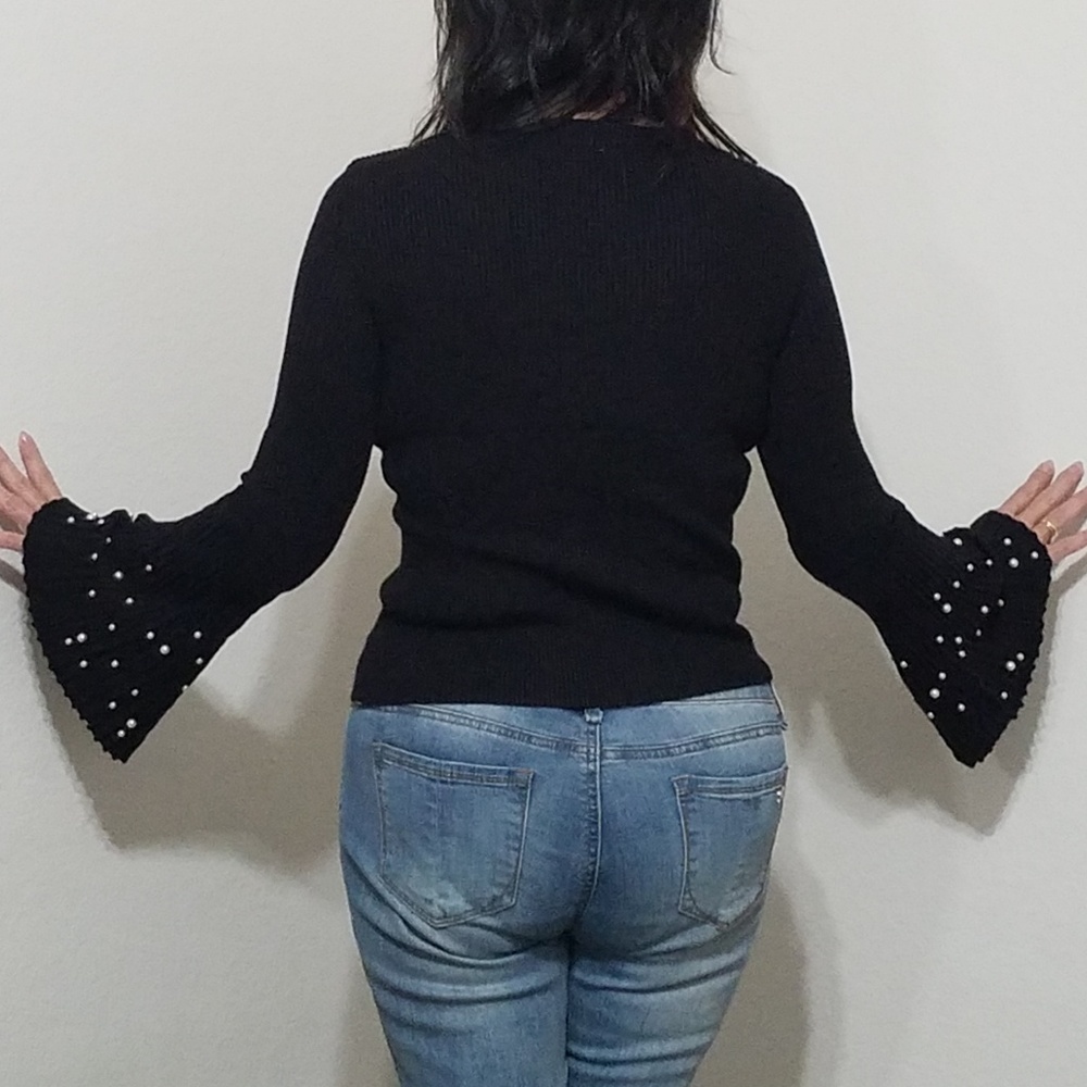 Bell sleeve  pearl embellished black sweater stretchy knit NWOT sz. Sm/Med - Picture 3 of 7